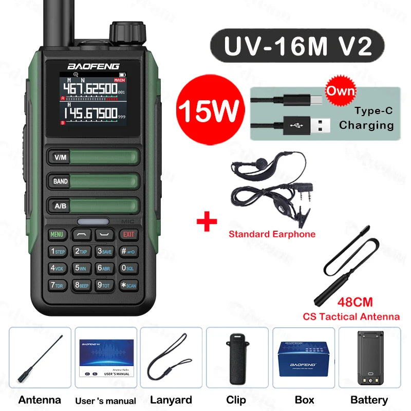 Upgrade Baofeng UV16M V2 Walkie Talkie 15W High Capacity AM FM 2-Way Radio Full Band LCD 999CH Frequency Copy NOAA Noise Reduce
