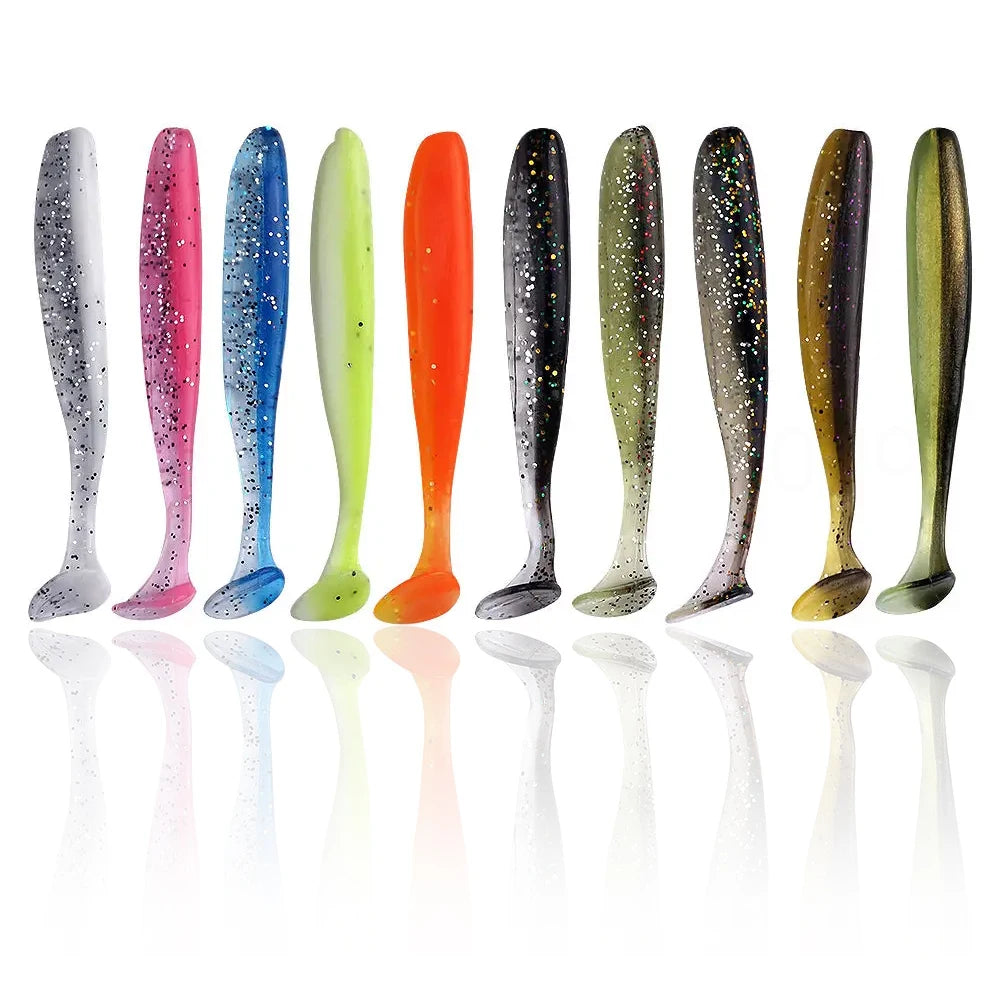 10Pcs 9cm Fishing Lures T Tail Worm Soft Bait Plastic Paddle
