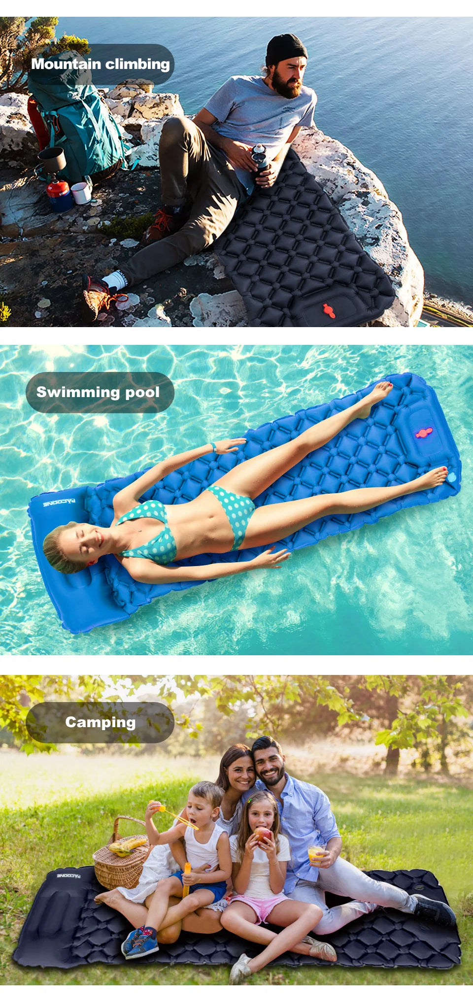 PACOONE Outdoor Sleeping Pad Camping Inflatable Mattress Built-in Pump Ultralight
