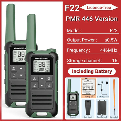 2PCS Baofeng F22 PMR 446MHz Mini Walkie Talkie Waterproof Type-C Licence-free NOAA Flashlight
