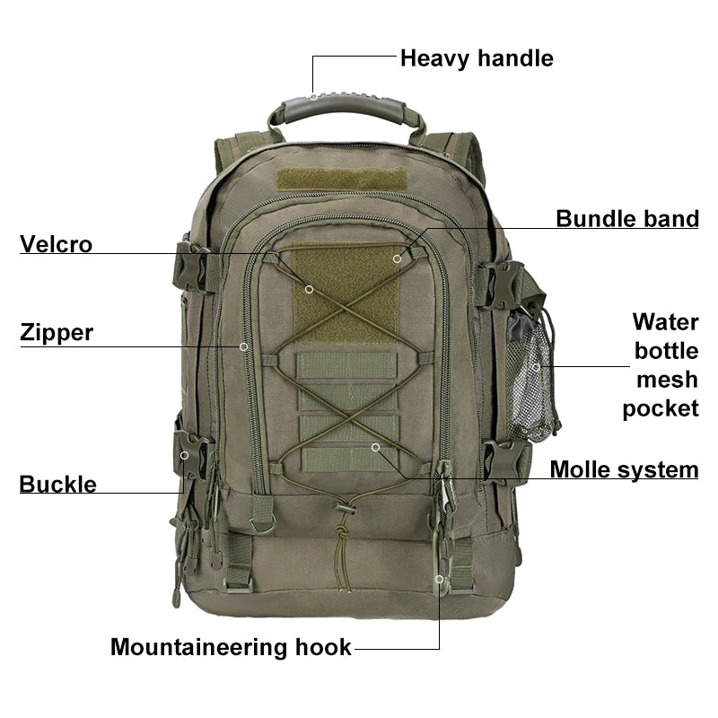 LQARMY 60L Male Travel Tactical backpack  Hiking Camping  Expandable