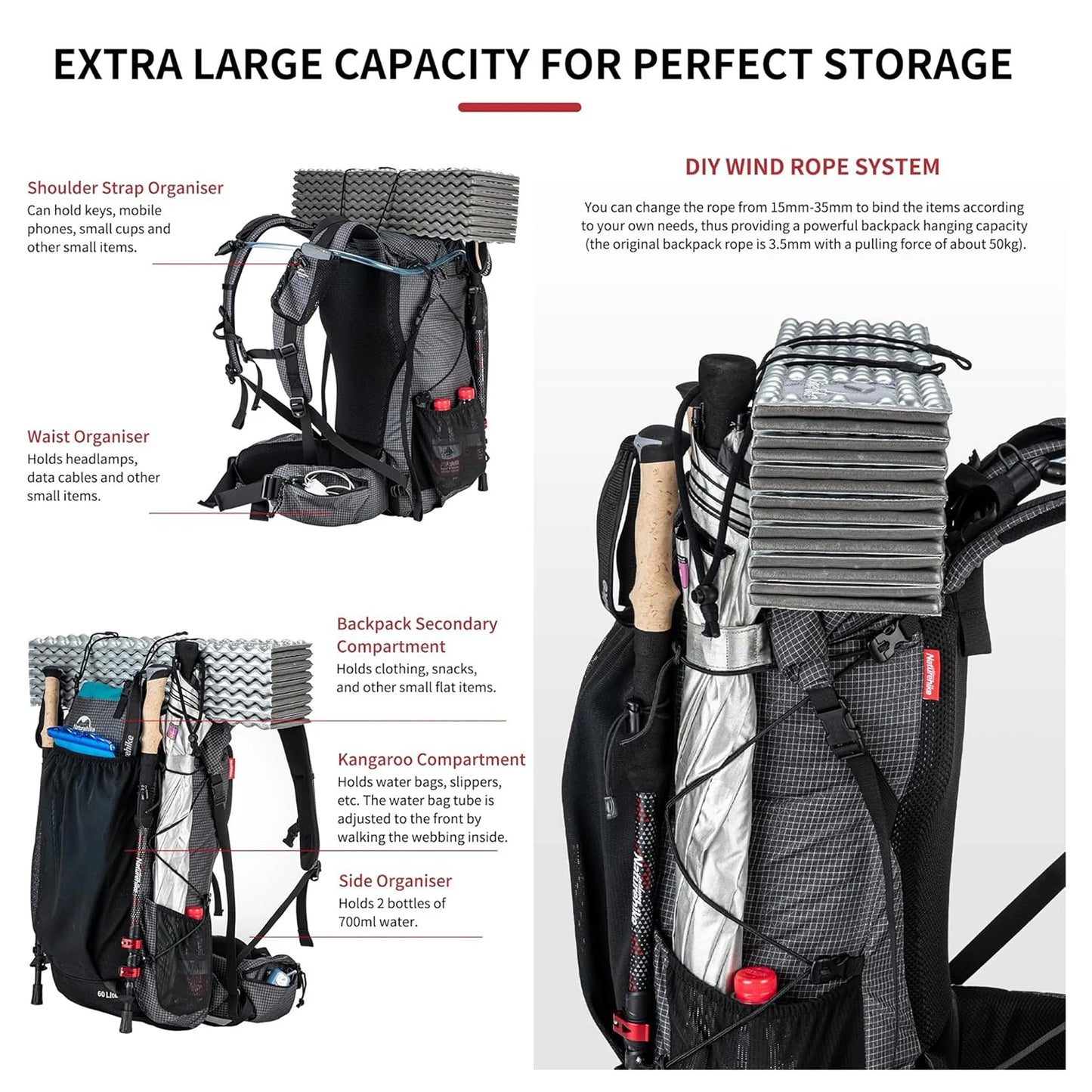 Naturehike Outdoor Mountain Backpack 60+5L Waterproof High Capacity With Rain Cover