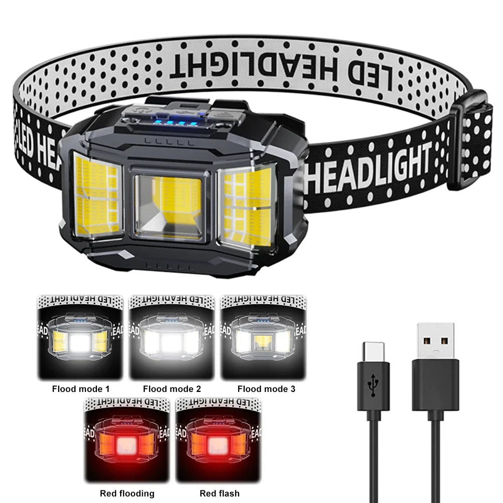 COB LED Outdoor Head Lamp USB Charging Head Mounted Flashlight