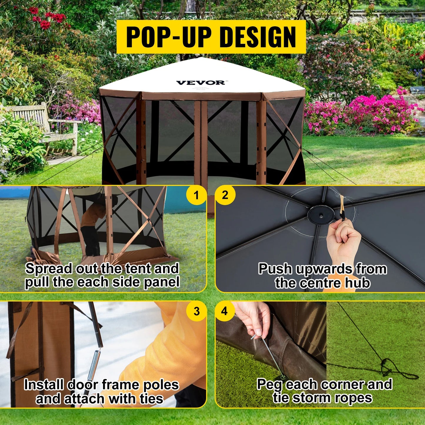 SucceBuy Pop-up Camping Gazebo Camping Canopy Shelter 6 Sided 12' x 12' / 10' x 10'