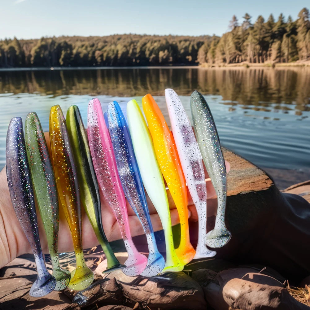10Pcs 9cm Fishing Lures T Tail Worm Soft Bait Plastic Paddle