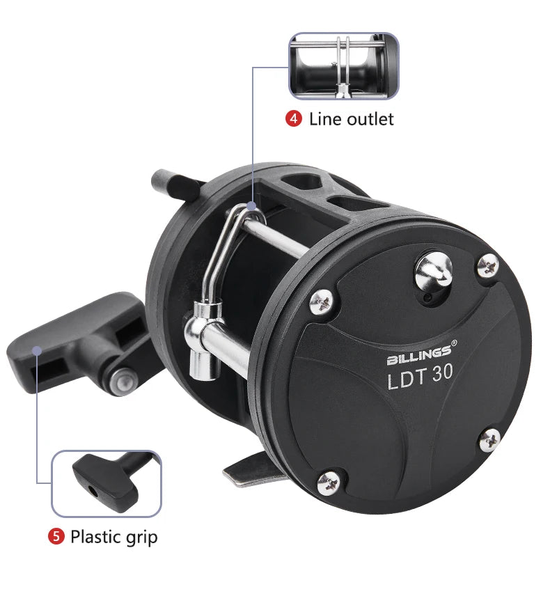 BILLINGS Trolling Drum Fishing Reels 33LB Max Drag 3.8:1 Gear Ratio High Toughness Body