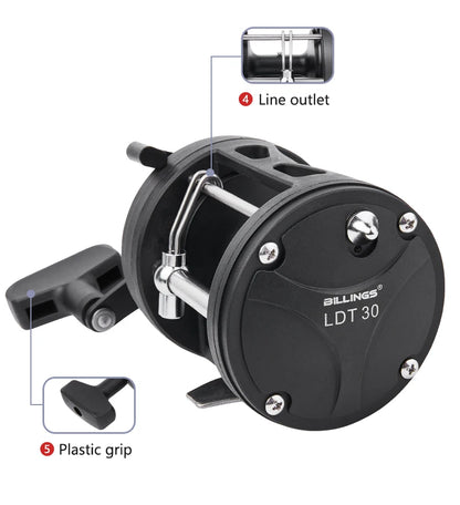 BILLINGS Trolling Drum Fishing Reels 33LB Max Drag 3.8:1 Gear Ratio High Toughness Body