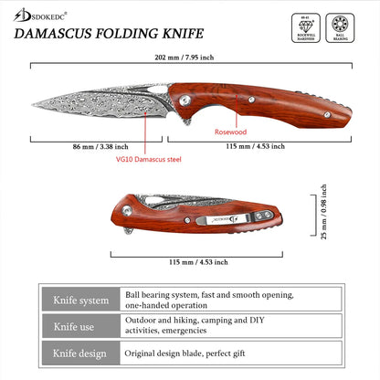 SDOKEDC VG10 Damascus Steel Folding Knives  Rosewood Handle