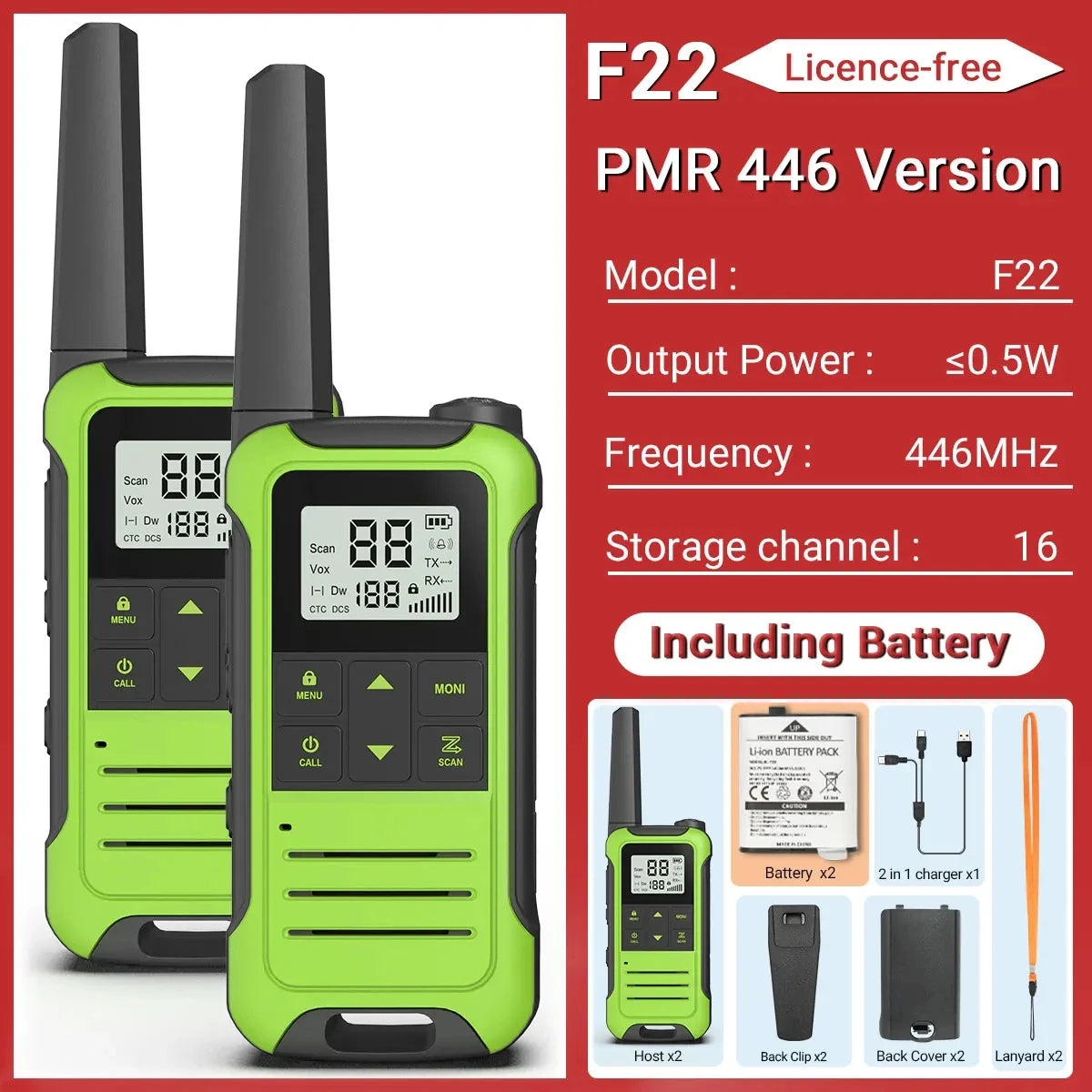 2PCS Baofeng F22 PMR 446MHz Mini Walkie Talkie Waterproof Type-C Licence-free NOAA Flashlight