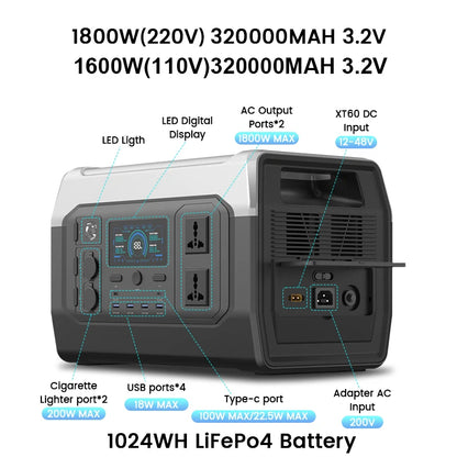 CTOLITY 200W 1800W Portable Power Station LiFePo4 Camping Solar Generator 110V 220V AC Energy Storage
