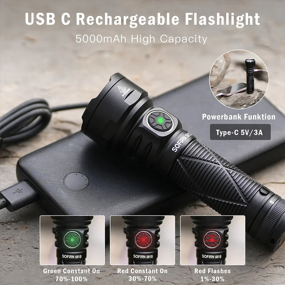 Sofirn SR15 4500LM Flashlight SFT25R Powerful LED Light 21700 USB C Rechargeable