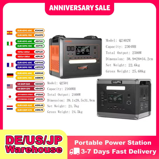SOLARPLAY Q2501 Q2402M Portable Power Station 2160WH 2304WH LiFePO4 Battery with 2400W/2500W (4800W Peak) Solar Generator