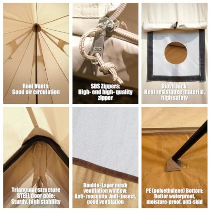 Canvas Bell Tent Yurt Tent 4 Seasons for Camping 100% Cotton with Stove Jack Family