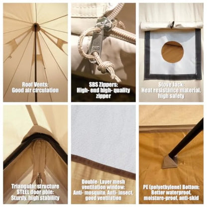 Canvas Bell Tent Yurt Tent 4 Seasons for Camping 100% Cotton with Stove Jack Family
