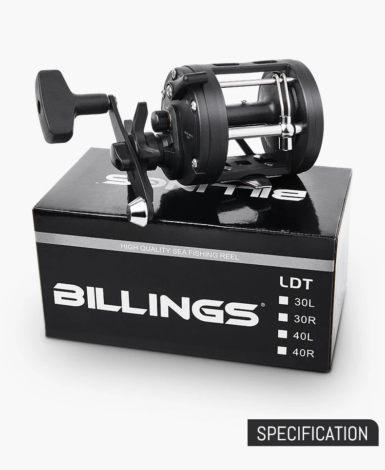 BILLINGS Trolling Drum Fishing Reels 33LB Max Drag 3.8:1 Gear Ratio High Toughness Body