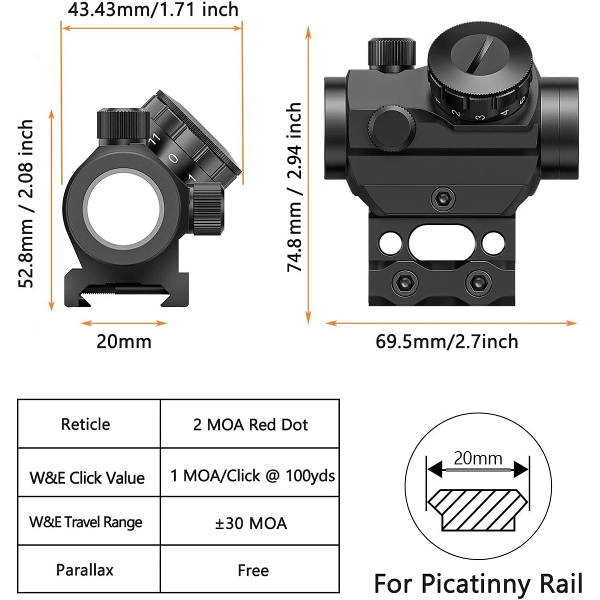 2MOA Red Dot Sight 1x25mm Reflex Sight Waterproof & Shockproof & Fog-Proof with 1 inch Riser Mount