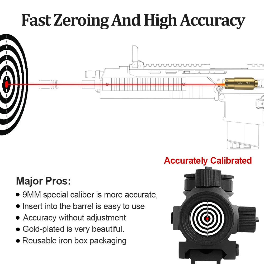 9MM Optics Cartridge Red Dot Laser Bore Brass 9MM Bore Boresighter