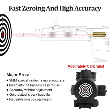 9MM Optics Cartridge Red Dot Laser Bore Brass 9MM Bore Boresighter