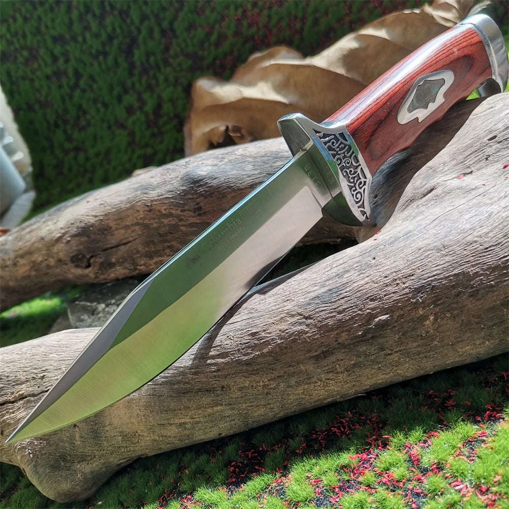 Outdoor Camping Knife, Fixed Blade Straight Knife with Wood Handle, 7Cr13 Steel Blade, Tactical and Survival Tool with Scabbard