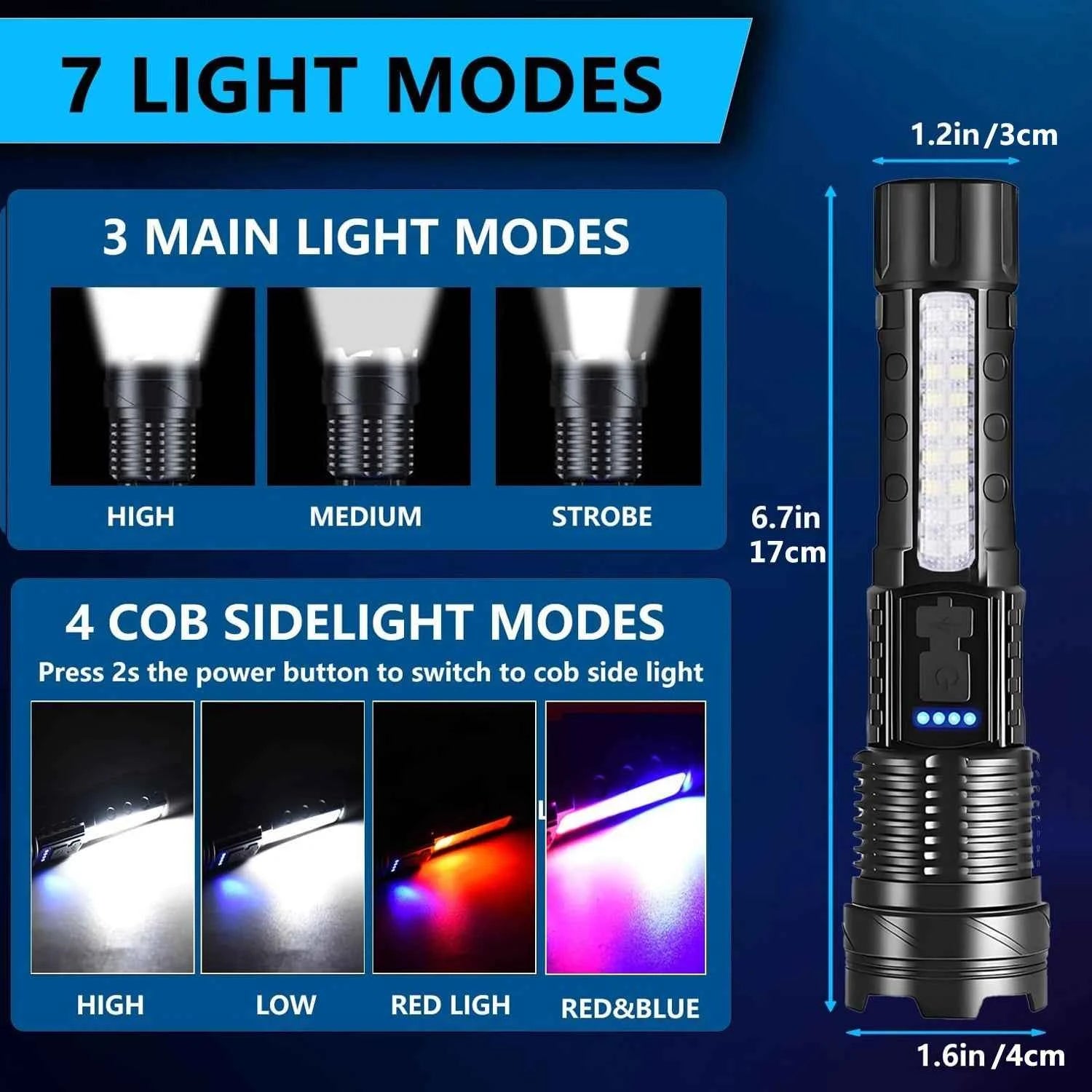 Rechargeable LED Flashlights, Super Bright Handheld Flashlight, 7 Modes with COB Work Light,