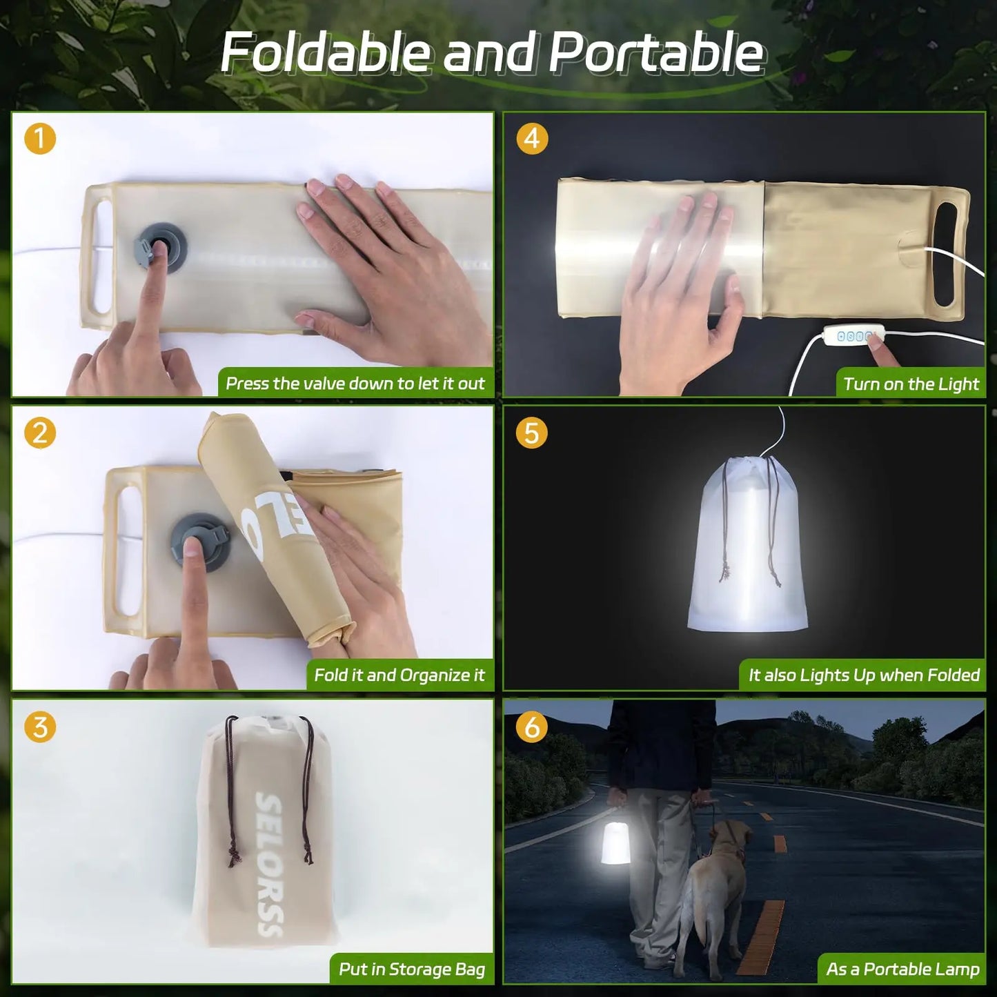 SELORSS Solar Camping Lantern 2000mAh Folding  Waterproof 3 Warm Light for Hiking Camping Fish USB-Type C
