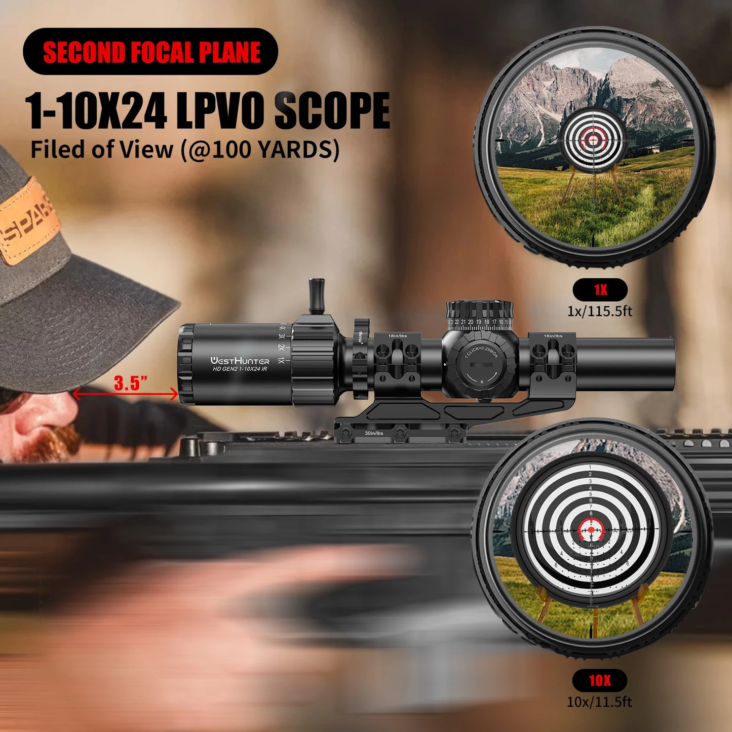 WestHunter HD GEN2 1-10X24 IR Compact Scope LPVO Optical Sights R/G Illumination 1/4MOA Reticle Hunting Riflescope