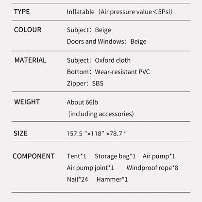 Camping Inflatable Tent for Family, PVC Skylight Air Tube, Camp Base Tents, 12 Square Meters, Large Space, 6-8 Person