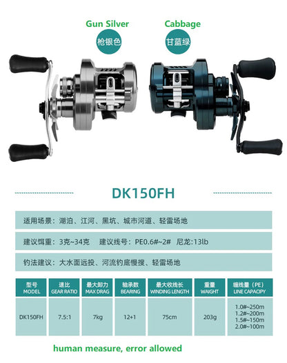 Kawa Fishing Reel Cast Drum Wheel DK100/150/200 Drag 7/15kg Casting Reel12+1BB Weigt 188/203g Metal Body Handle With Rubber Knob