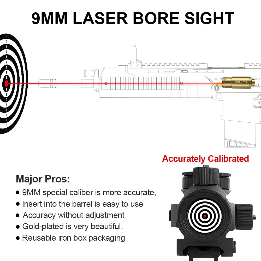 9MM Optics Cartridge Red Dot Laser Bore Brass 9MM Bore Boresighter