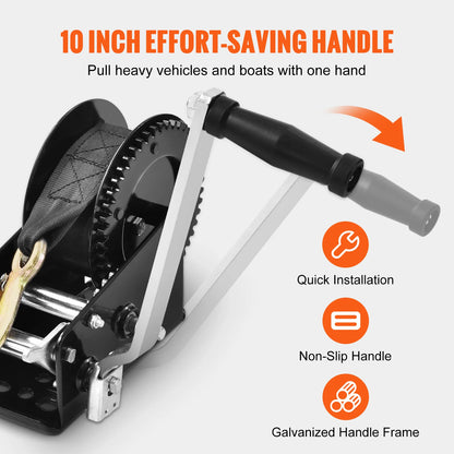 SucceBuy Hand Winch Boat Trailer Winch Heavy Duty Rope Crank Polyester Strap & Two-Way Ratchet Manual Operated Hand Crank Winch