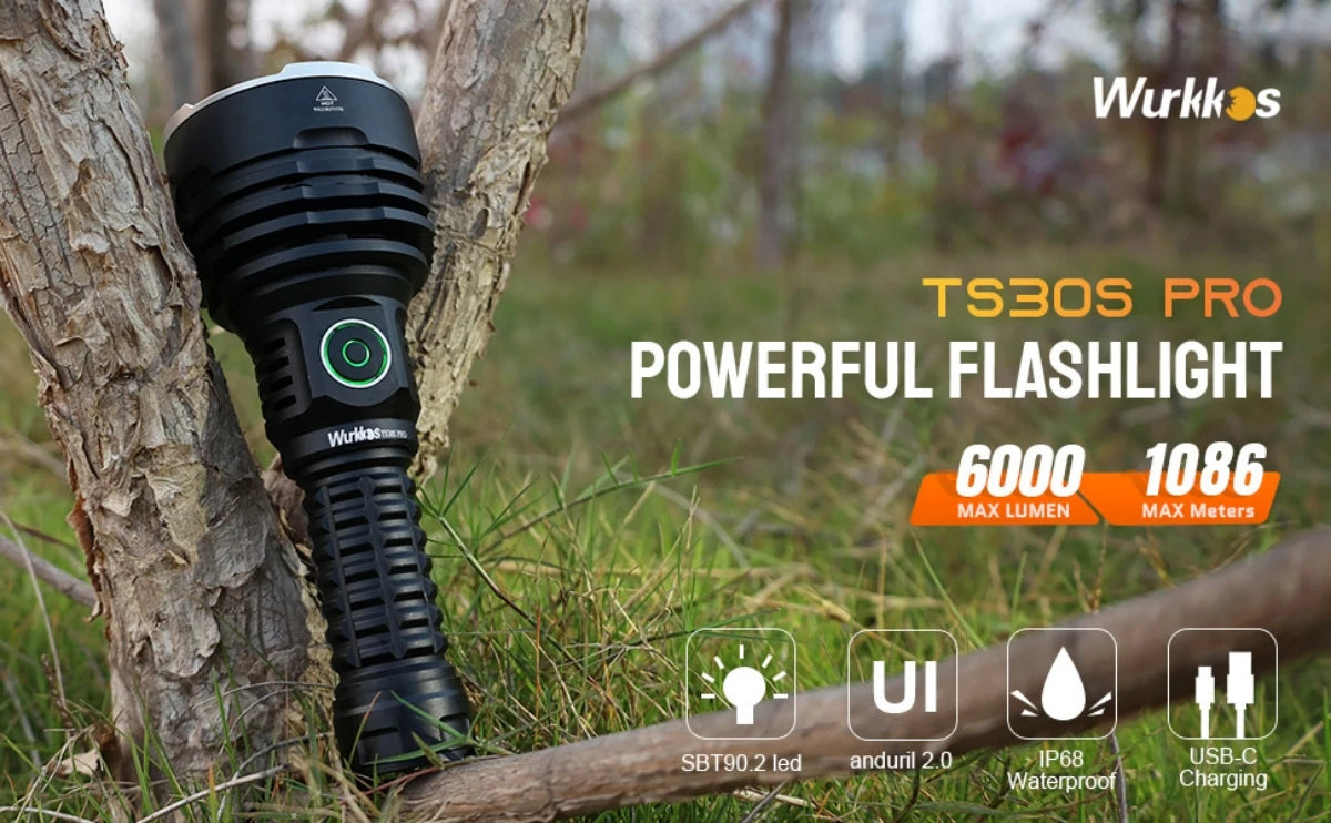 Wurkkos TS30S Pro 21700 Rechargeable Tactical Flashlight  LED USB-C 6000Lm Torch MAX 1086M Stainless Bezel Anduril 2 Power Bank