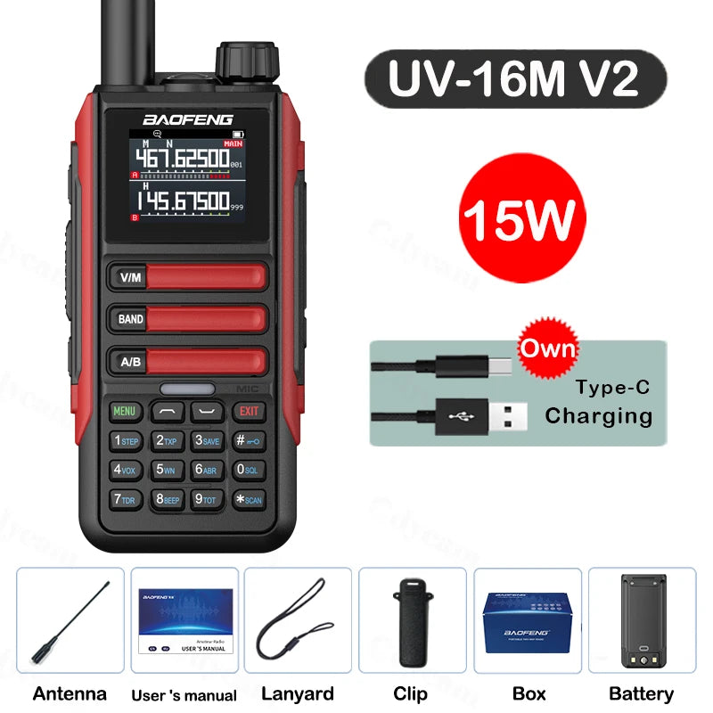 Upgrade Baofeng UV16M V2 Walkie Talkie 15W High Capacity AM FM 2-Way Radio Full Band LCD 999CH Frequency Copy NOAA Noise Reduce