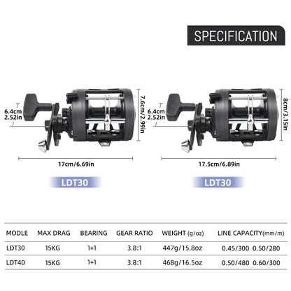 BILLINGS Trolling Drum Fishing Reels 33LB Max Drag 3.8:1 Gear Ratio High Toughness Body