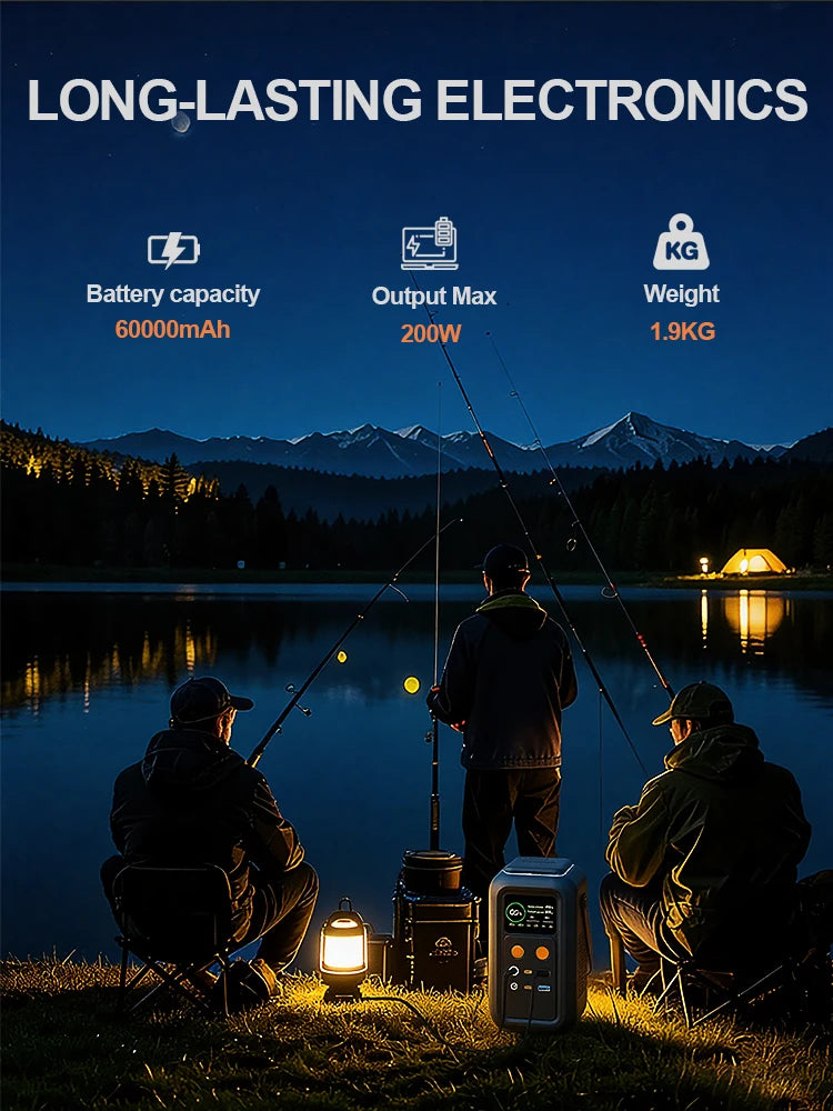 CTOLITY 200W Power Station Camping 192Wh Lifepo4 Power Bank 60000mAh Portable Charger Battery Emergency Power USB TYPE-C Port
