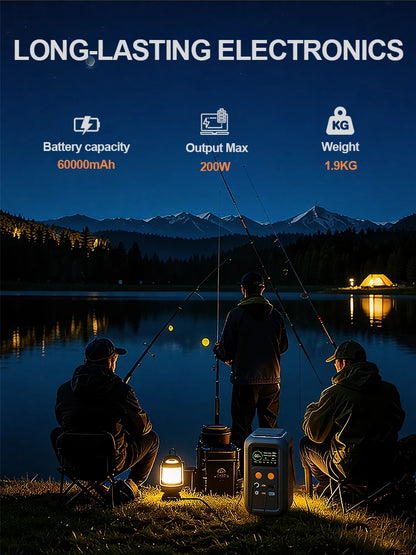 CTOLITY 200W Power Station Camping 192Wh Lifepo4 Power Bank 60000mAh Portable Charger Battery Emergency Power USB TYPE-C Port
