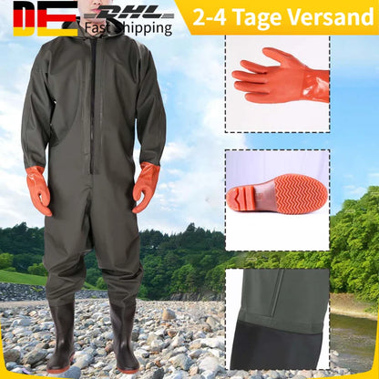 Men's Hooded Long Sleeve Wader Waterproof Overalls Pants With Boots Gloves Set