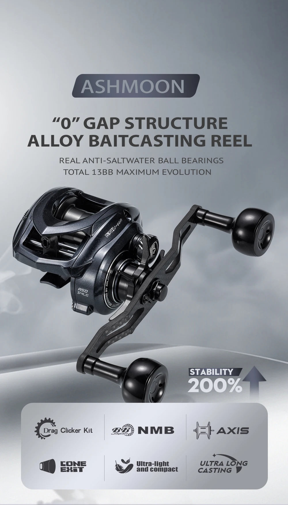 SOLOKING ASHMOON Alloy Baitcasting Reel 12+1BB 6KG Power Long Handle