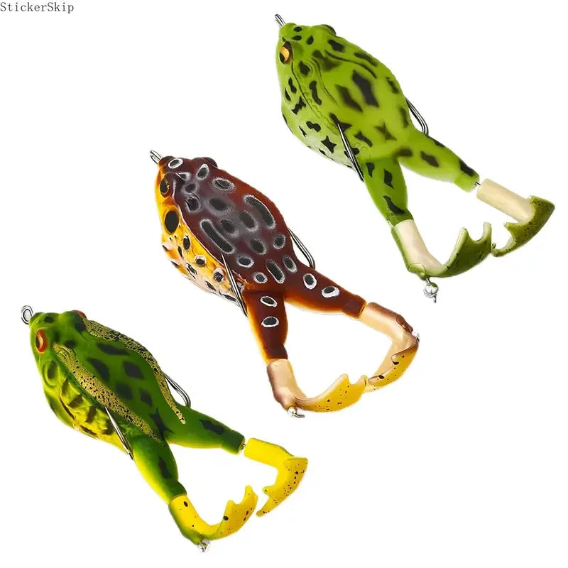 3pcs Topwater Frog Lures, silicone floating bait with double propeller legs, lead-free. Realistic multi-jointed fishing tackle