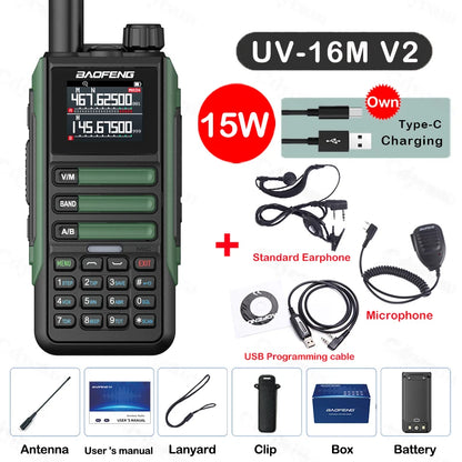 Upgrade Baofeng UV16M V2 Walkie Talkie 15W High Capacity AM FM 2-Way Radio Full Band LCD 999CH Frequency Copy NOAA Noise Reduce