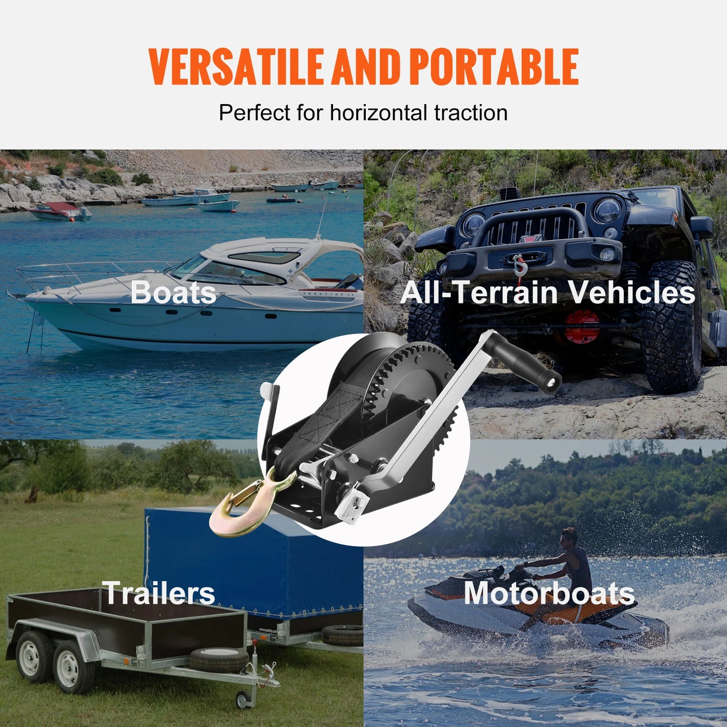 SucceBuy Hand Winch Boat Trailer Winch Heavy Duty Rope Crank Polyester Strap & Two-Way Ratchet Manual Operated Hand Crank Winch