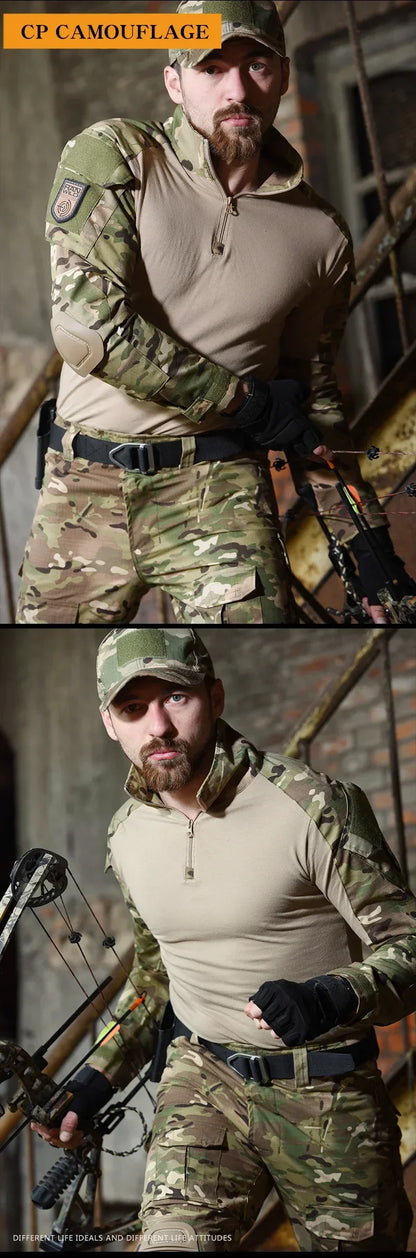 Outdoor Long Sleeve Tactical Shirts Combat Shirt 1/4 Zipper Ripstop Cotton Wear-resisting Camo Airsoft T Shirts Men Clothing