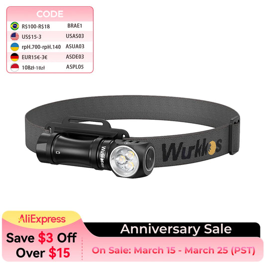 Wurkkos HD10 Headlamp Rechargeable 14500 IP68 Mini EDC 1200Lm 3* 90 CRI LEDs + 3* RGB Aux LEDs Anduril 2.0 Fishing Camping Torch