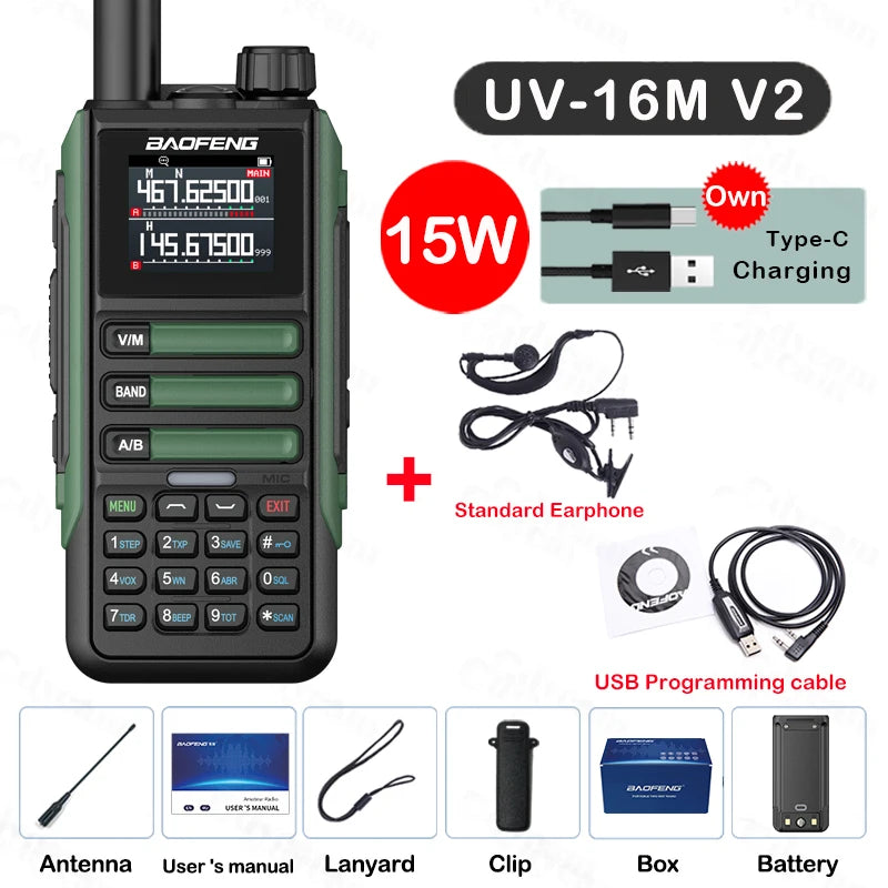 Upgrade Baofeng UV16M V2 Walkie Talkie 15W High Capacity AM FM 2-Way Radio Full Band LCD 999CH Frequency Copy NOAA Noise Reduce