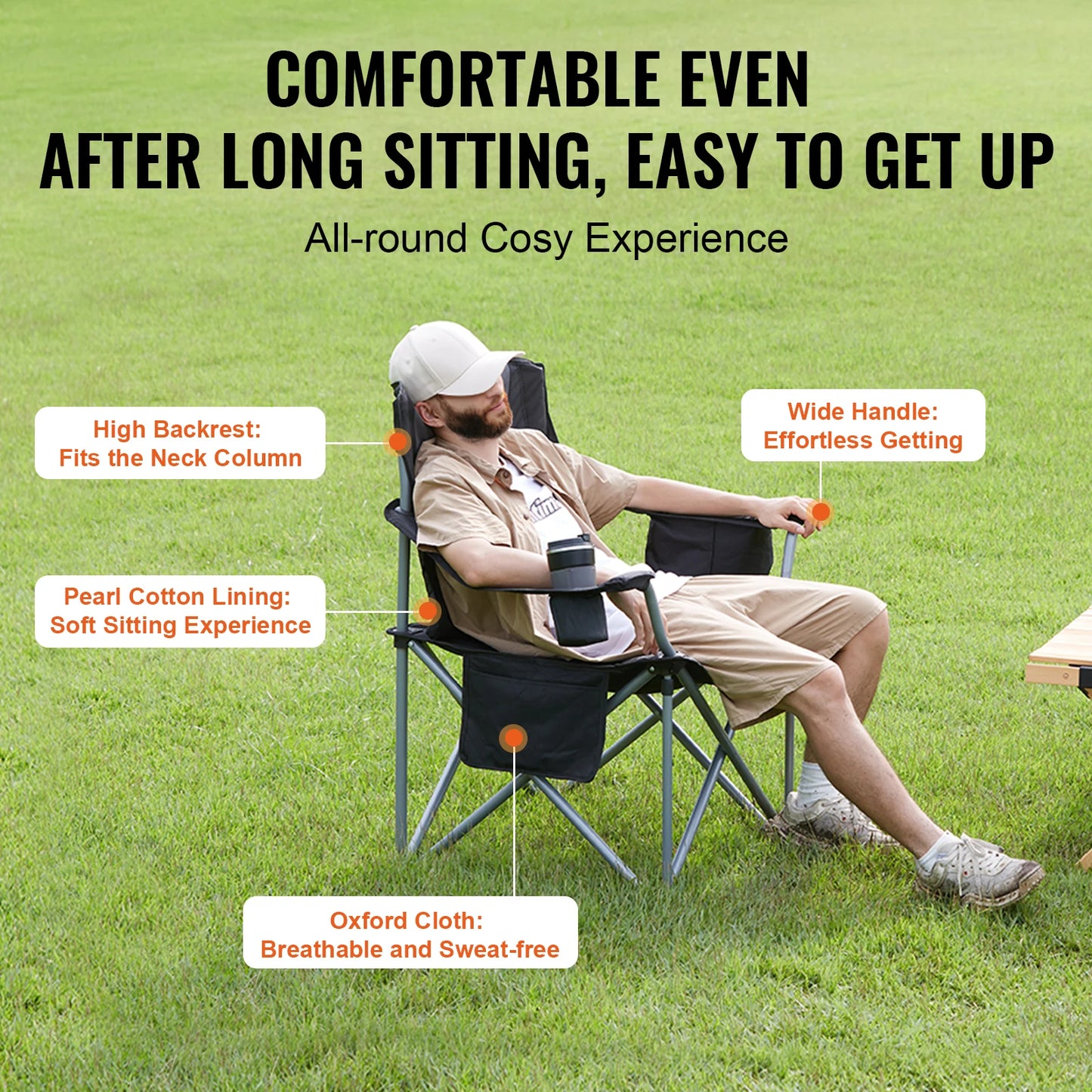 SucceBuy Camping Folding Chair for Adults Portable Quad Lumbar Back Padded Arm Chairs with Side Pockets
