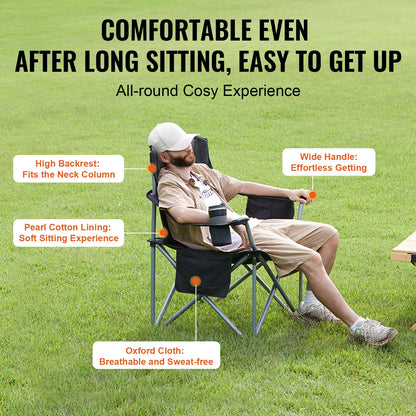 SucceBuy Camping Folding Chair for Adults Portable Quad Lumbar Back Padded Arm Chairs with Side Pockets
