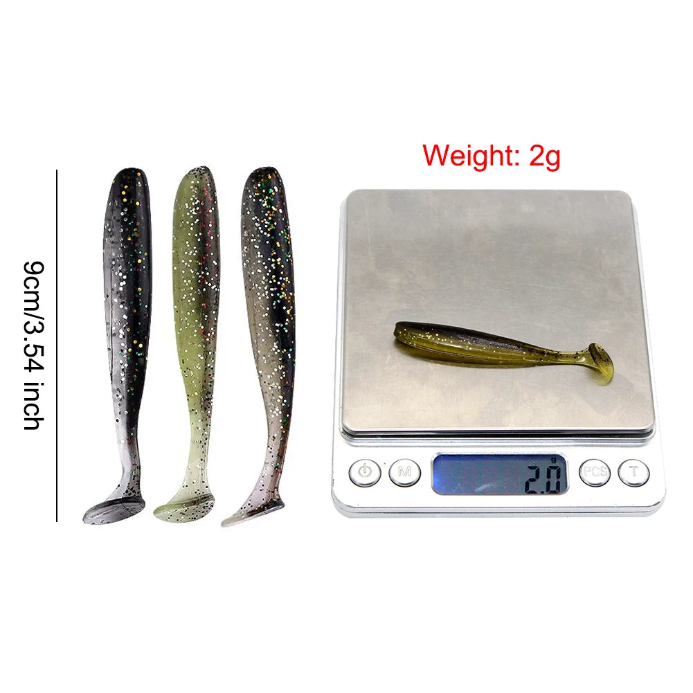 10Pcs 9cm Fishing Lures T Tail Worm Soft Bait Plastic Paddle