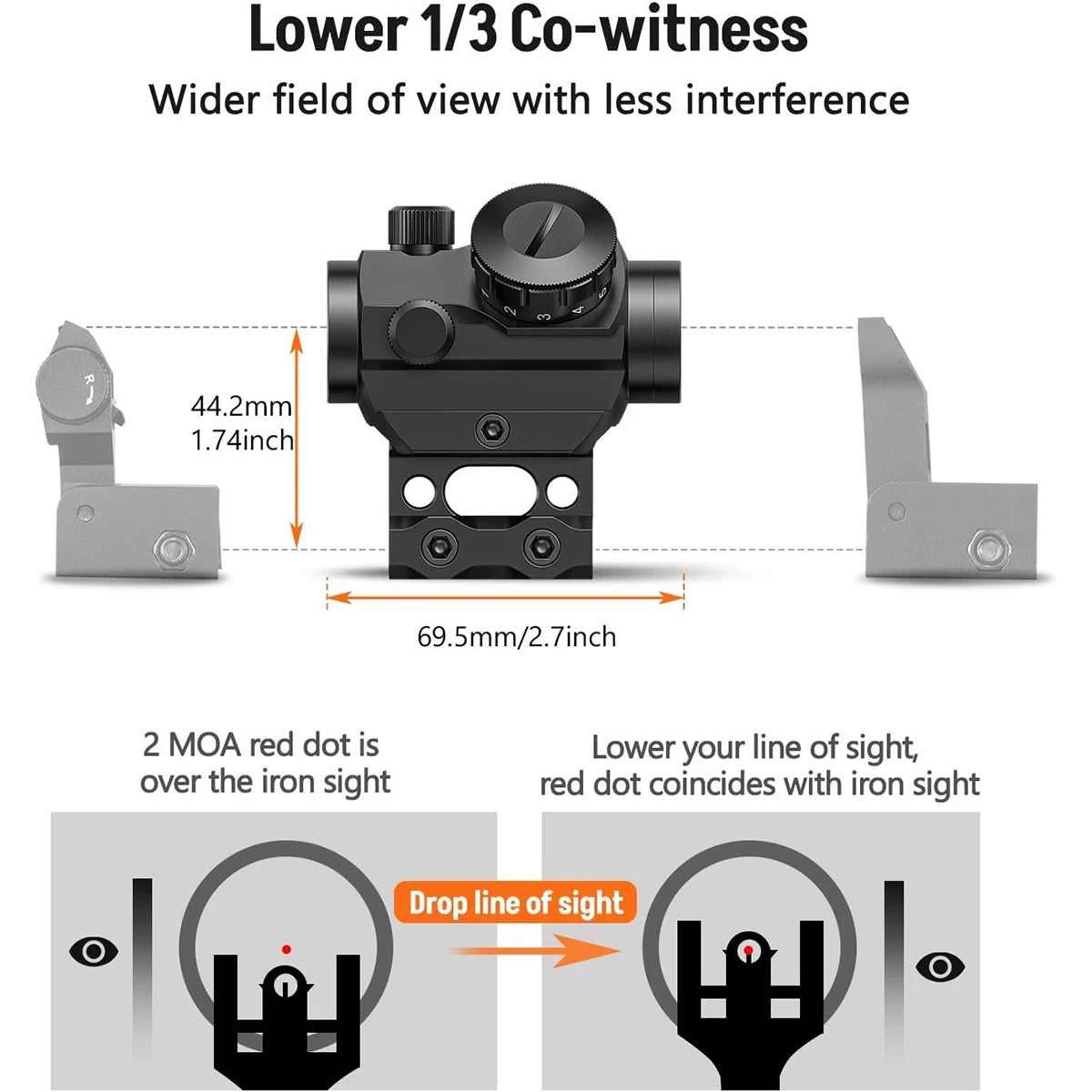 2MOA Red Dot Sight 1x25mm Reflex Sight Waterproof & Shockproof & Fog-Proof with 1 inch Riser Mount