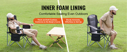SucceBuy Camping Folding Chair for Adults Portable Quad Lumbar Back Padded Arm Chairs with Side Pockets
