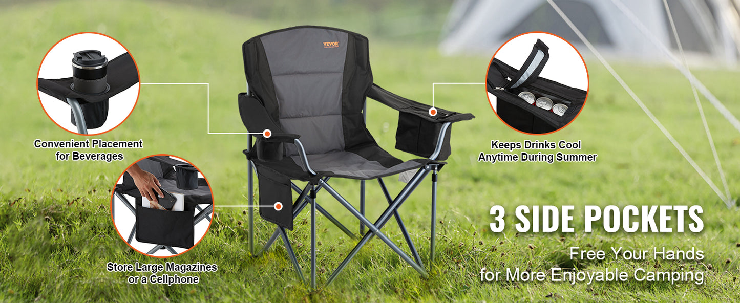 SucceBuy Camping Folding Chair for Adults Portable Quad Lumbar Back Padded Arm Chairs with Side Pockets