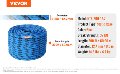 VEVOR 12.7mm Static Climbing Rope 125/150/200ft Outdoor Rock Climbing Rope 30KN Breaking